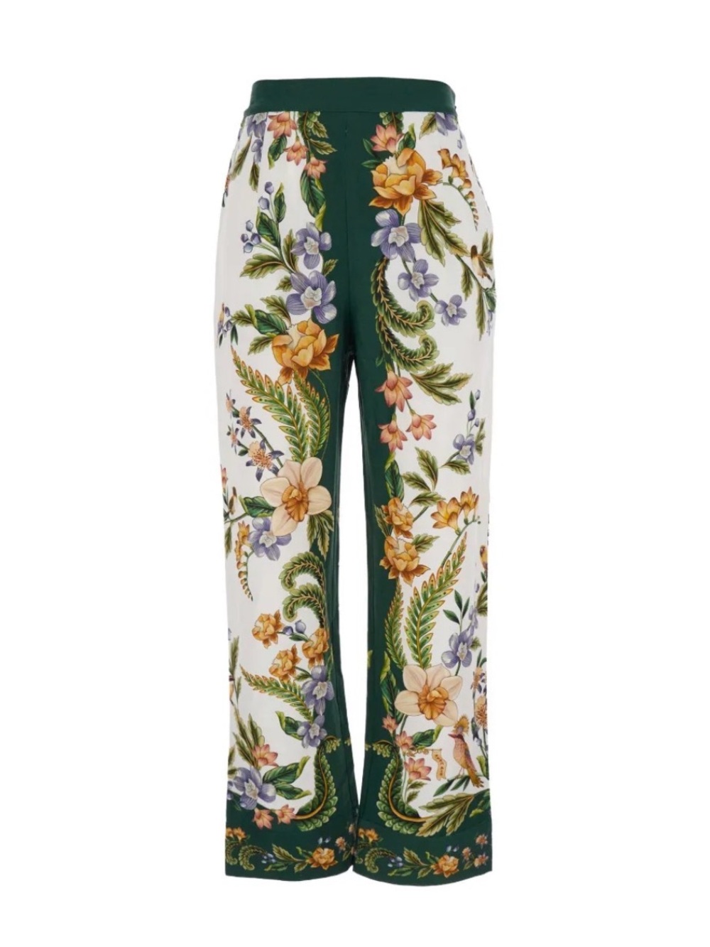FARM Rio Green and White Floral Straight-Leg Linen Pants Size L